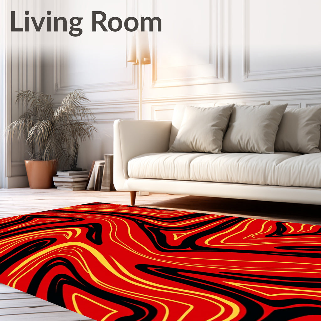 Crimson Yellow Black Swirl Abstract Rug