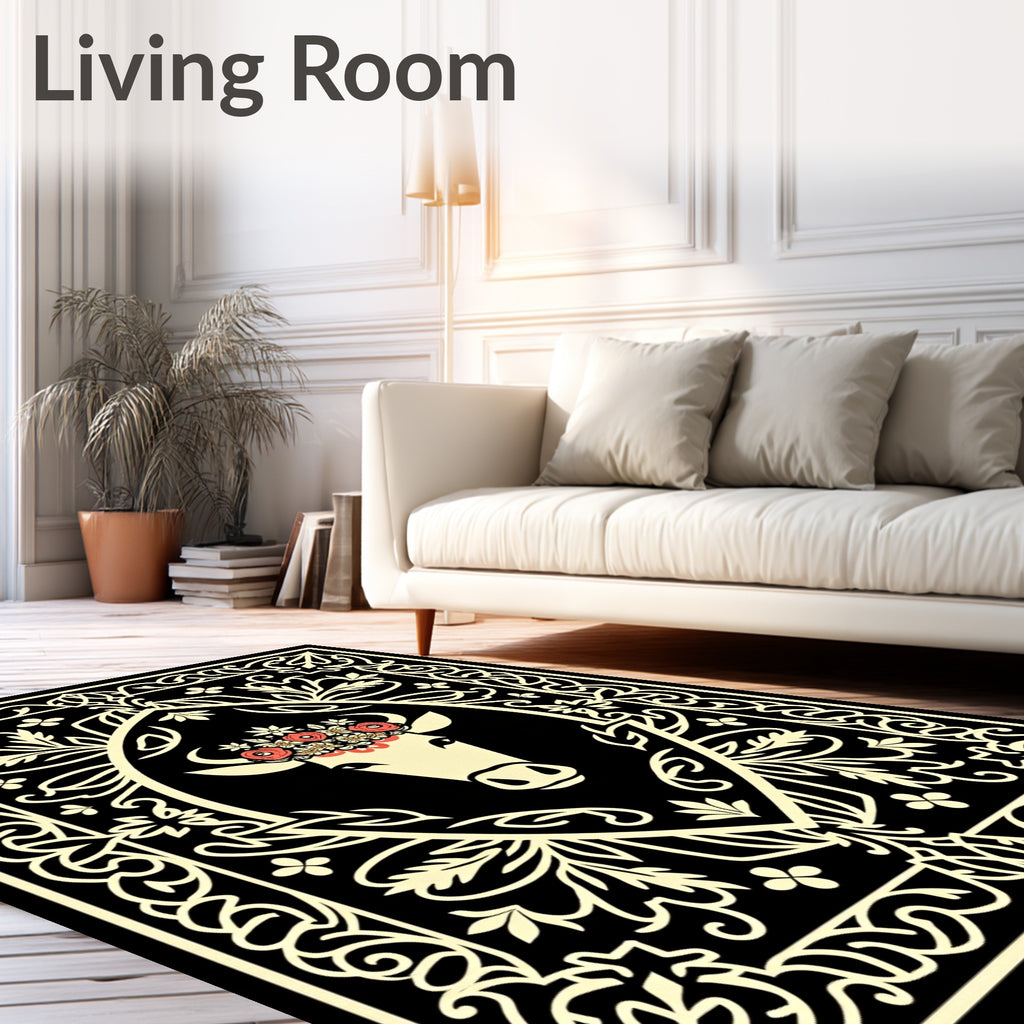 Cream Cow Floral Crown Black Border Rug