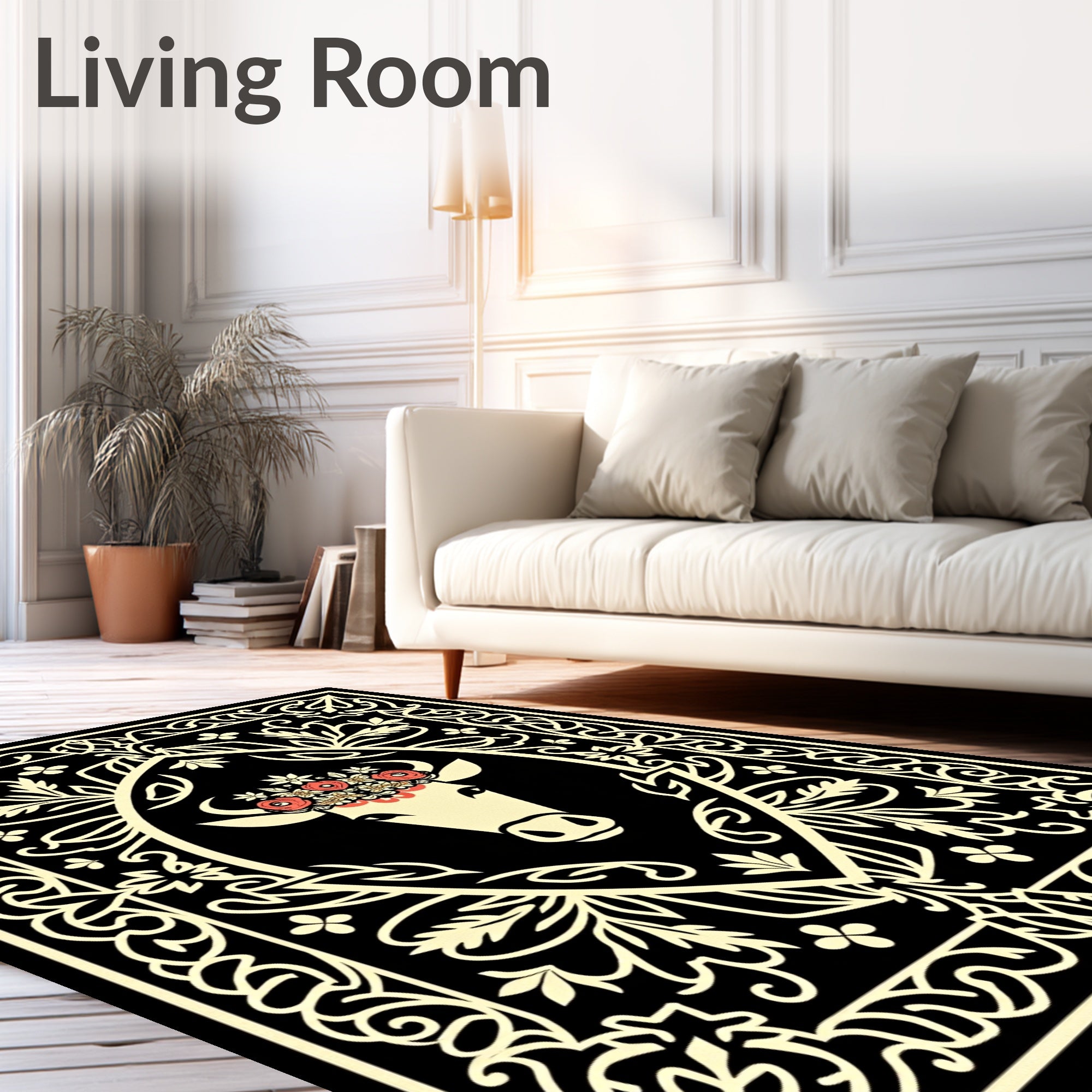 Cream Cow Floral Crown Black Border Rug