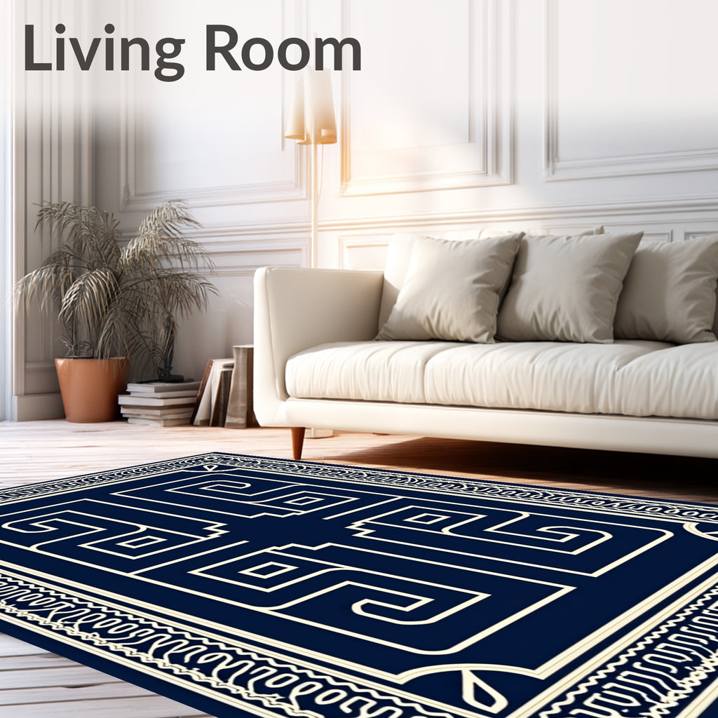 Navy Geometric Maze Border Rug