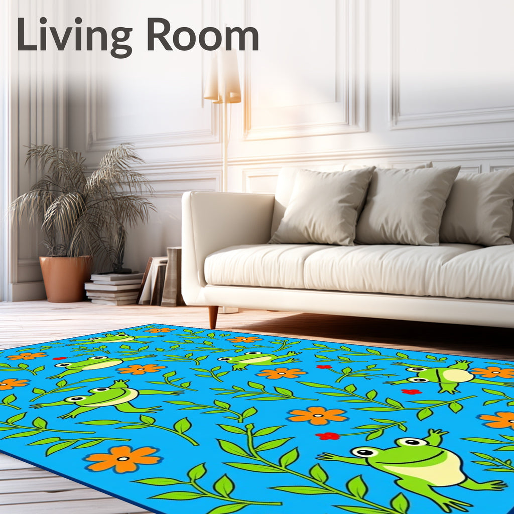 Playful Green Frogs Orange Flowers Garden Rug
