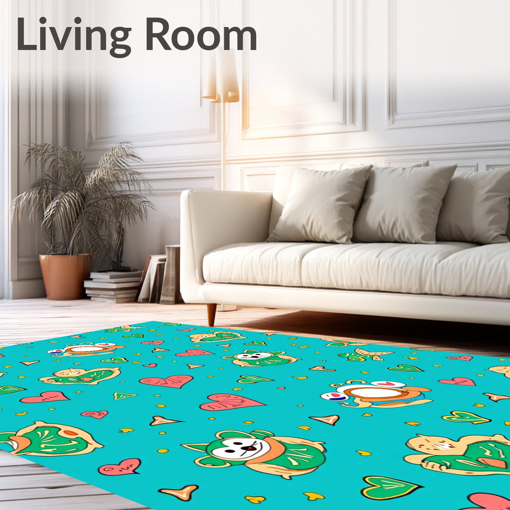 Cyan Whimsical Hearts Animal Characters Rug