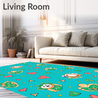 Cyan Whimsical Hearts Animal Characters Rug
