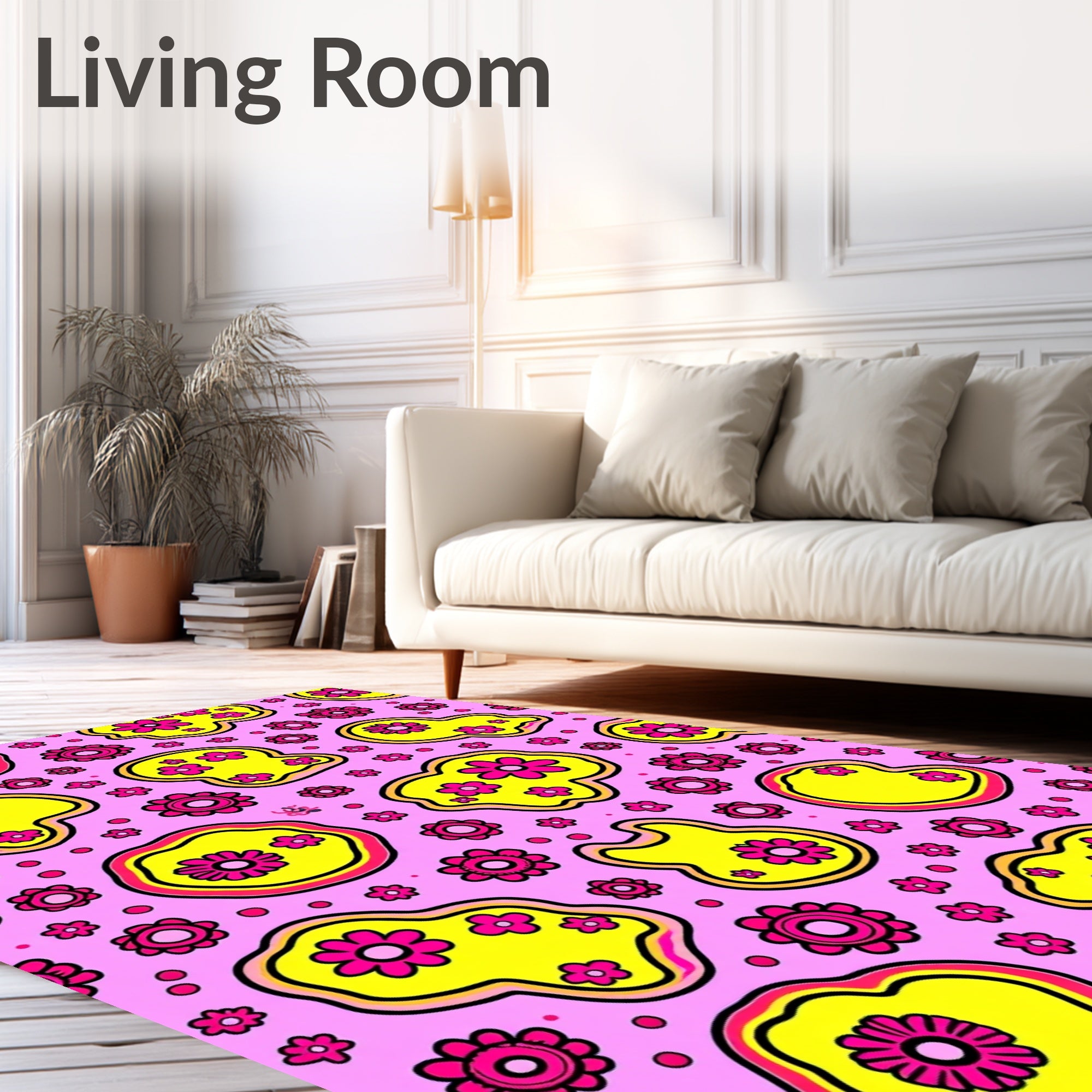 Retro Pink Yellow Floral Blob Art Rug