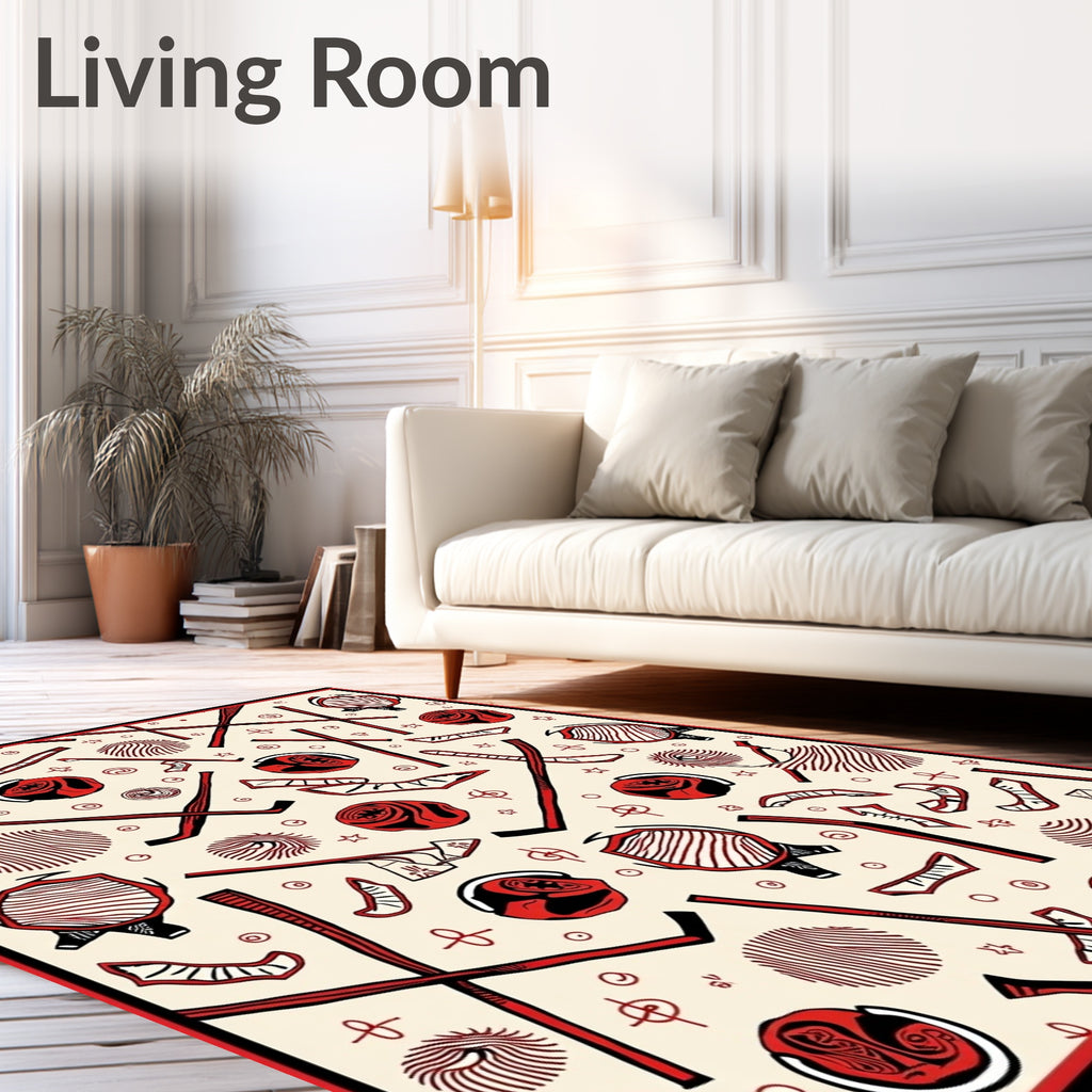 Vibrant Red Hockey Stick Puck Graphic Rug