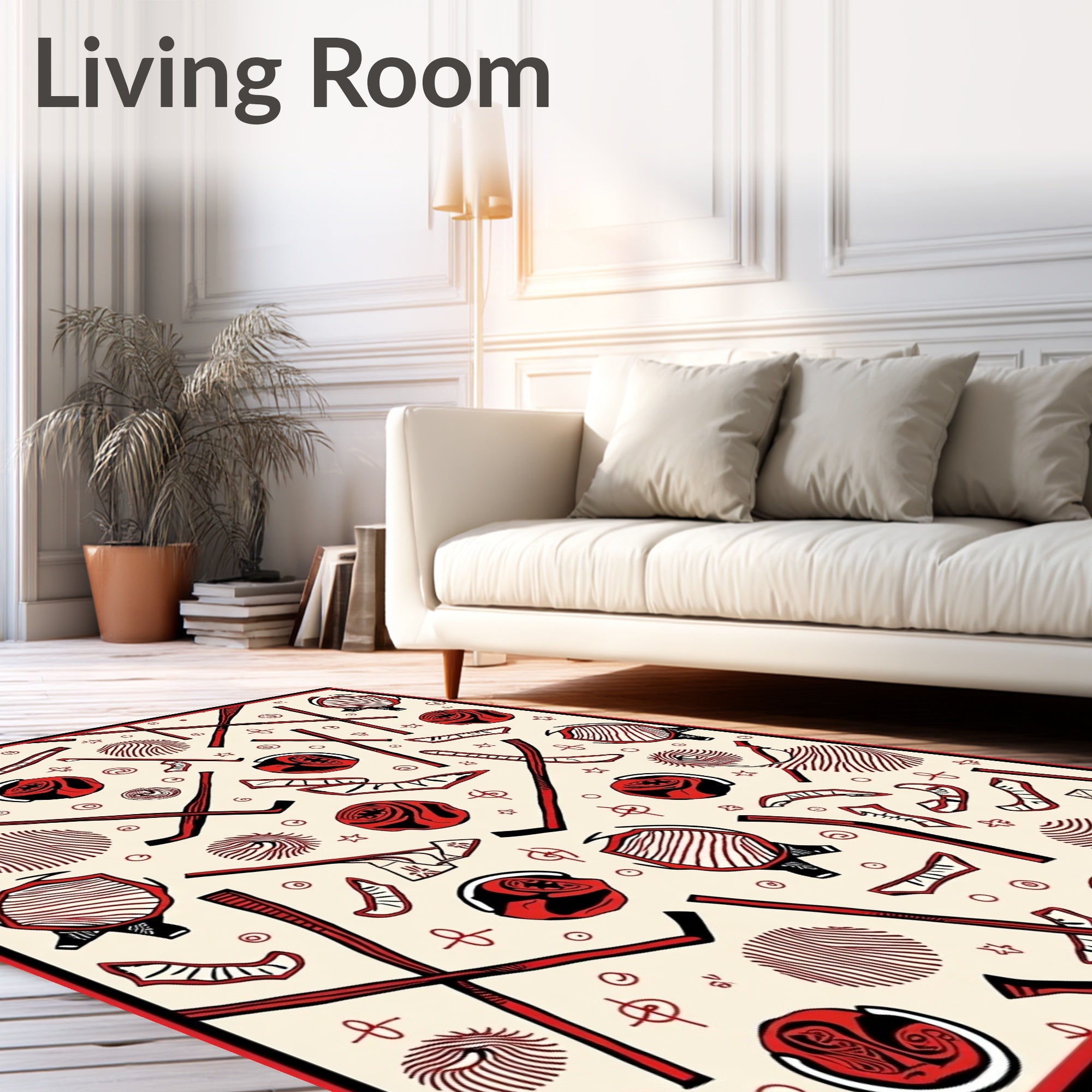 Vibrant Red Hockey Stick Puck Graphic Rug