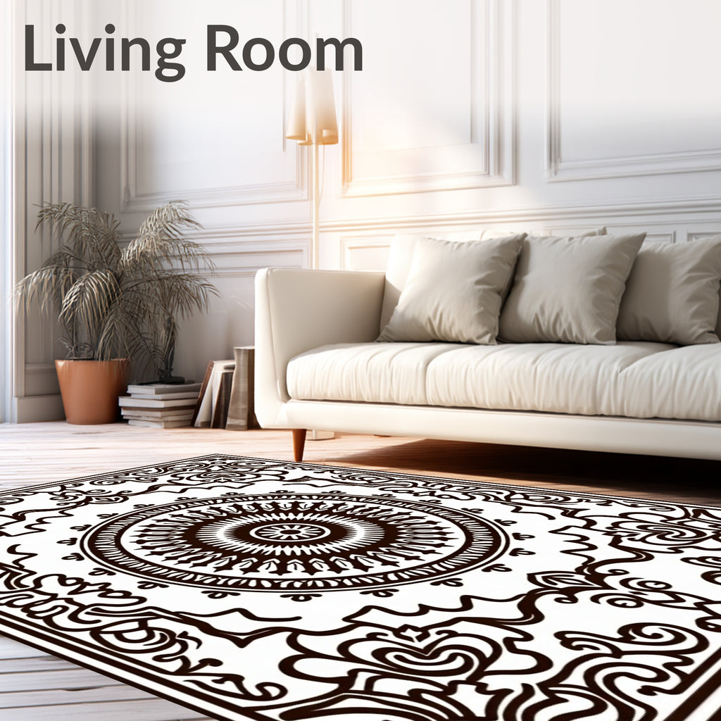 Ornate Black and White Mandala Border Rug