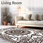 Ornate Black and White Mandala Border Rug