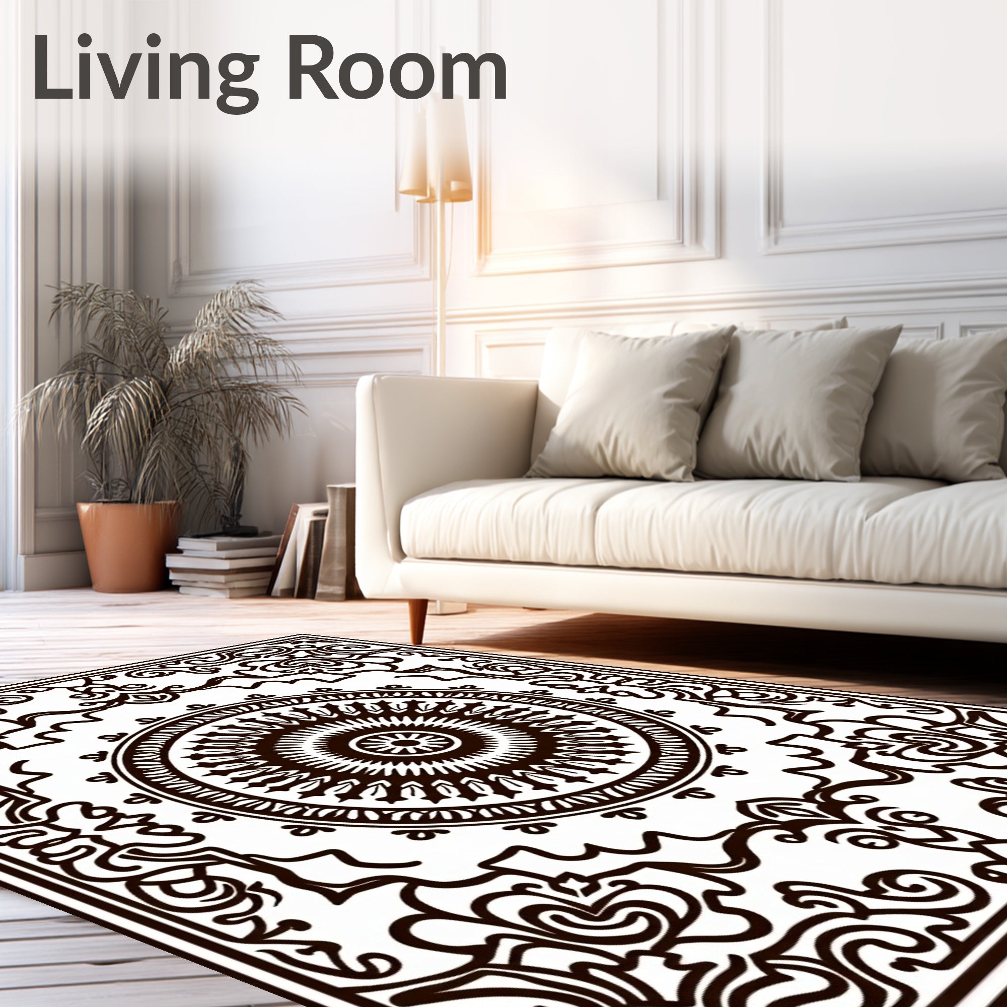 Ornate Black and White Mandala Border Rug