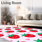 Cute Red Strawberry Hearts Pink Background Rug