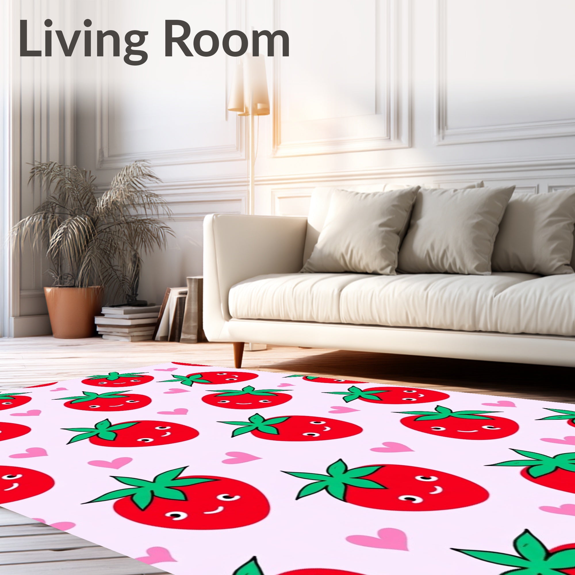 Cute Red Strawberry Hearts Pink Background Rug