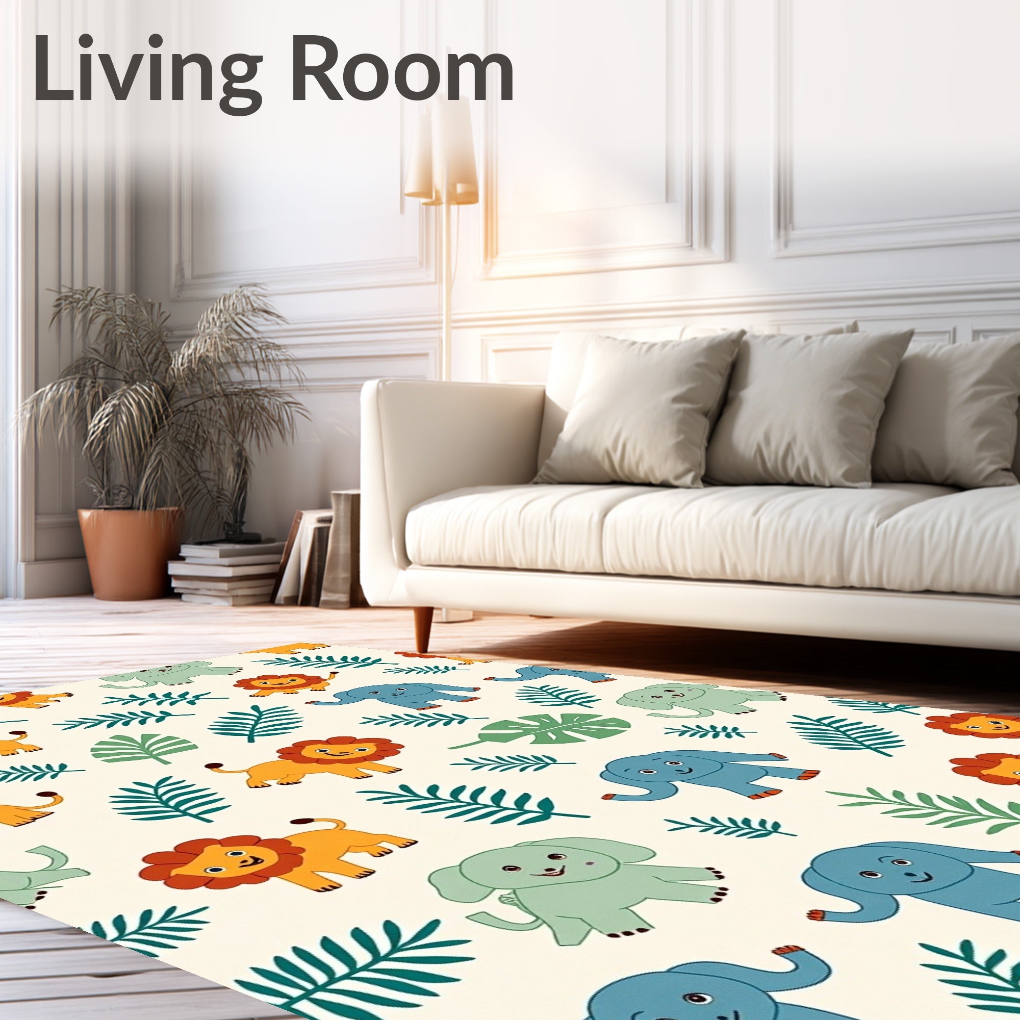 Whimsical Safari Animals and Leaves Rug