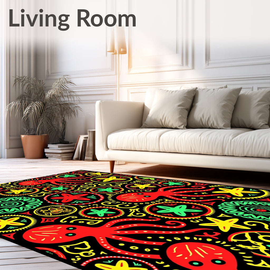 Red Octopus Starburst Folk Art Rug