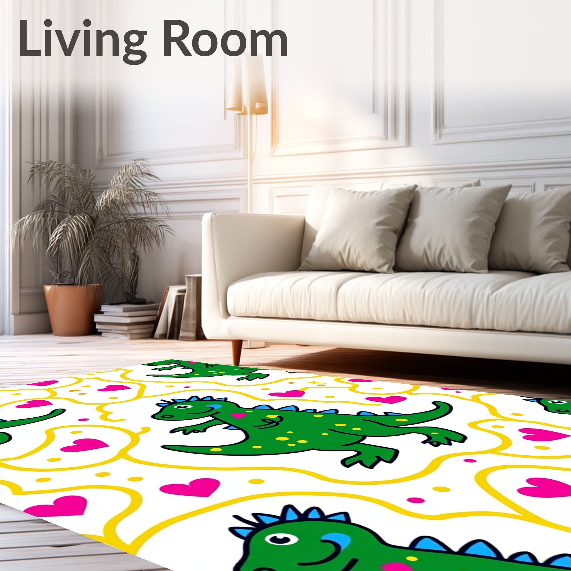 Green Dinosaur Hearts Yellow Swirls Rug