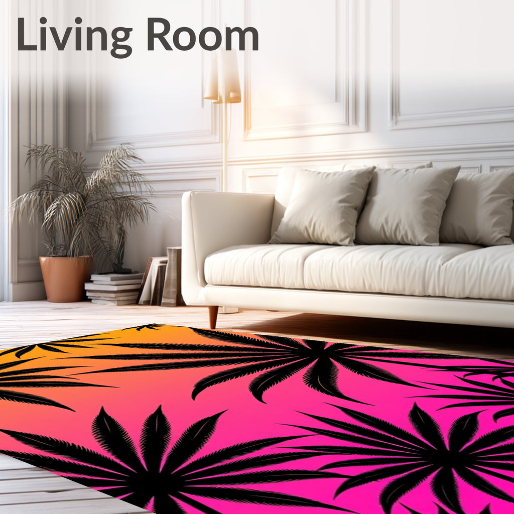 Black Palm Fronds Tropical Sunset Rug