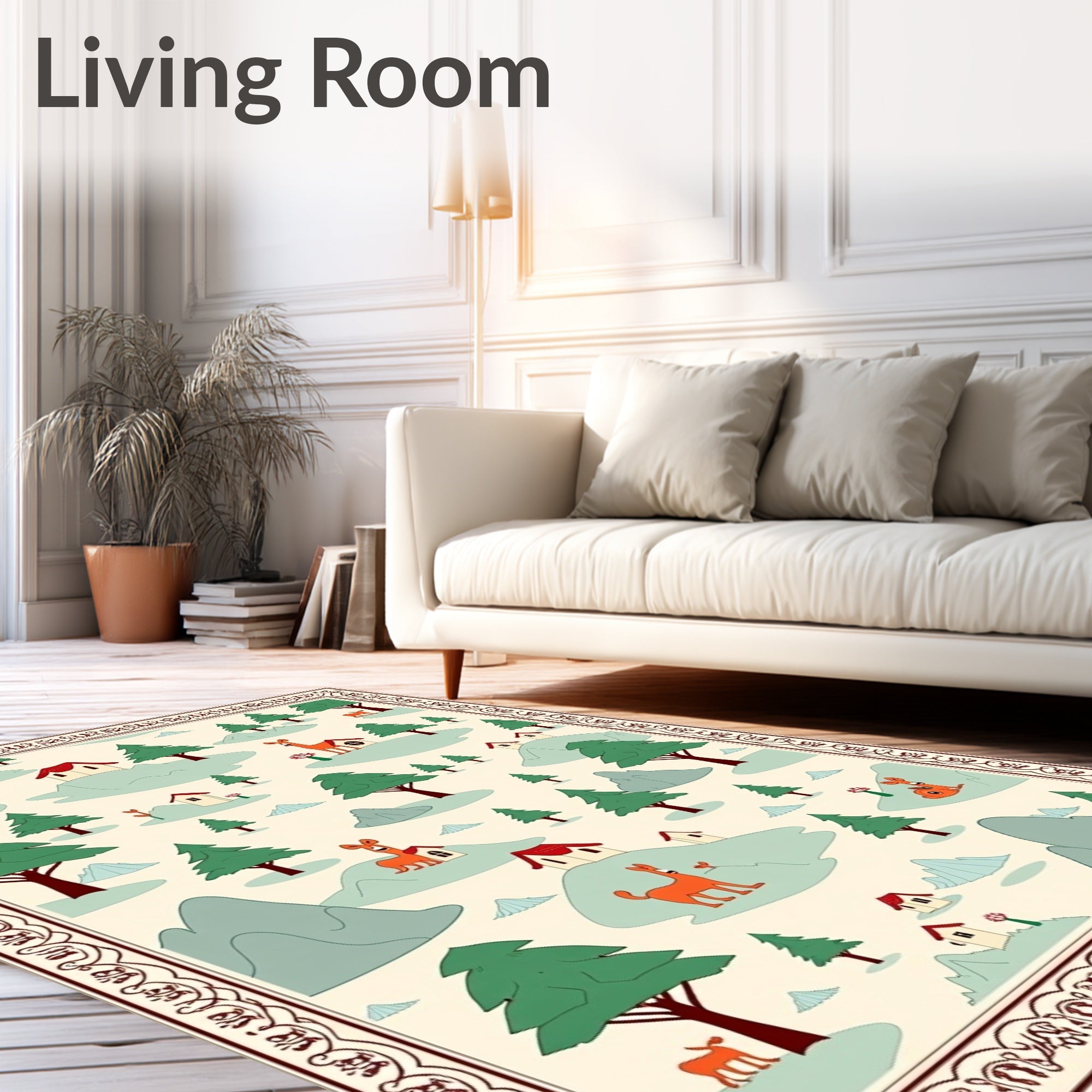 Whimsical Woodland Village Deer Scene Rug