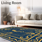 Ornate Blue and Gold Seahorse Frame Rug