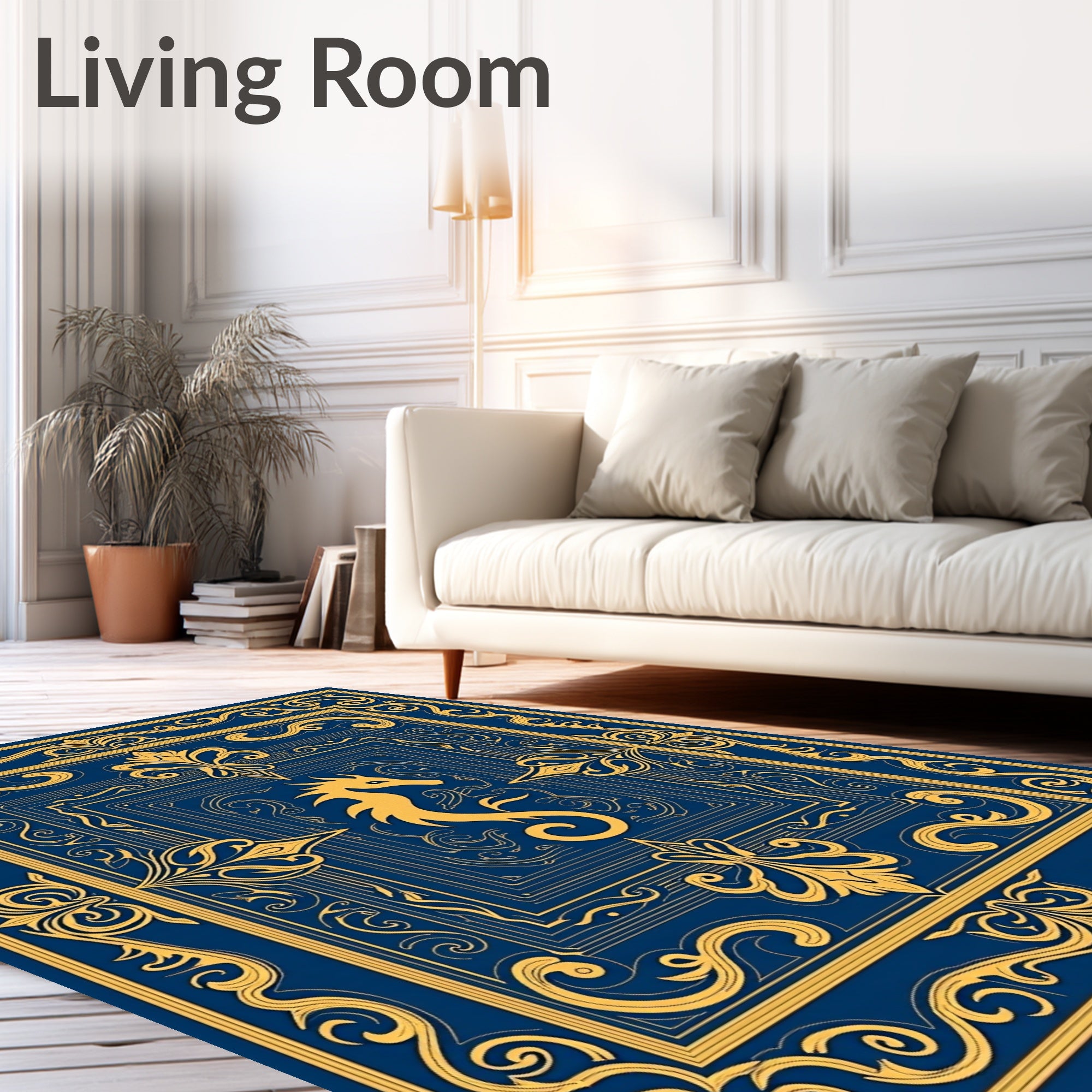 Ornate Blue and Gold Seahorse Frame Rug
