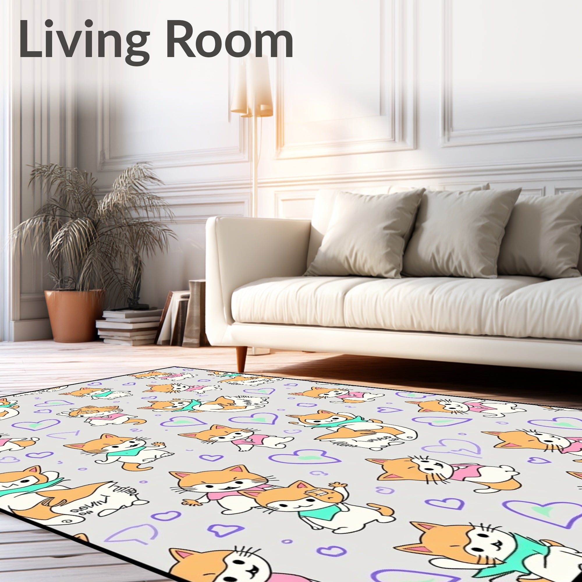 Whimsical Orange White Kitten Hearts Rug