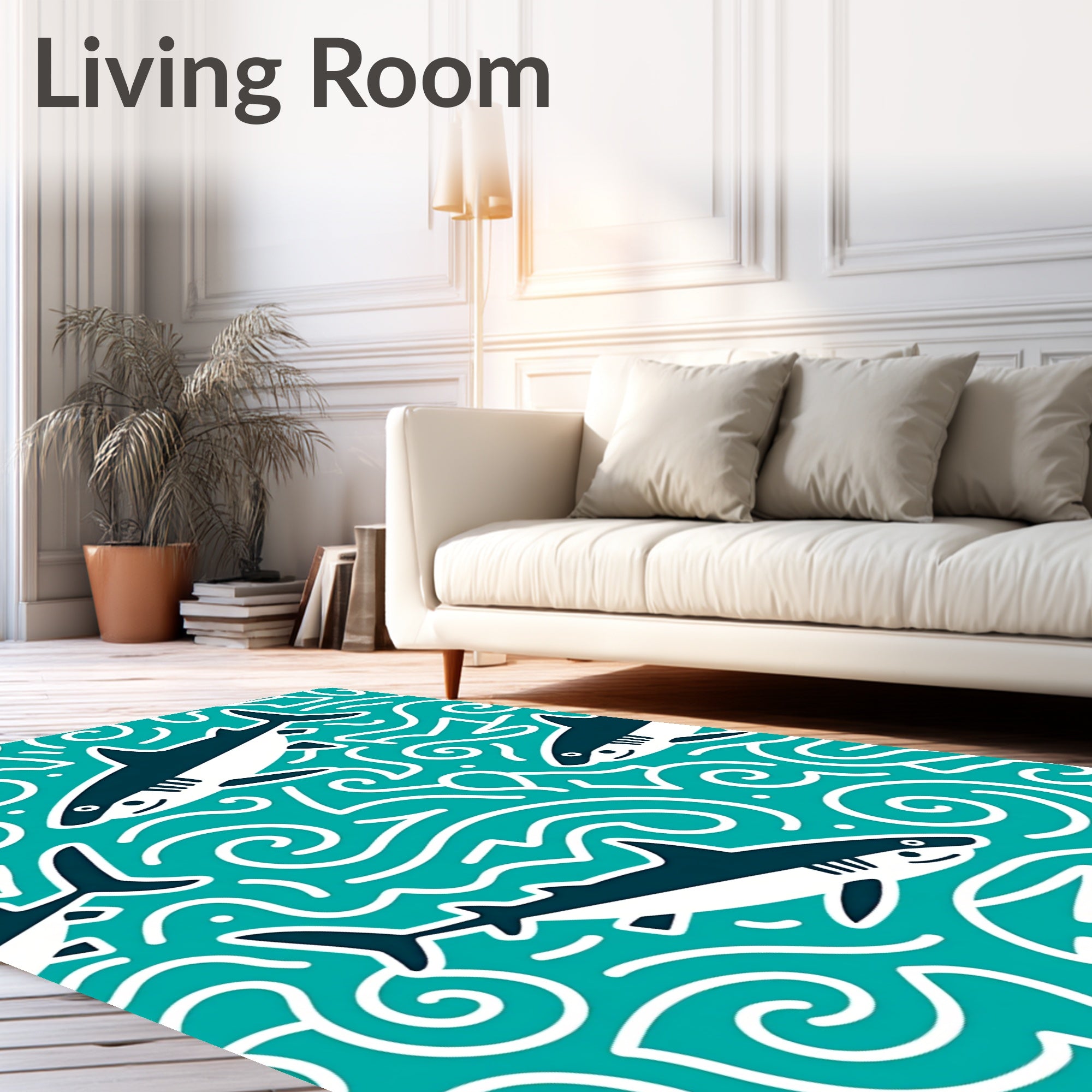 Teal Shark Swirl Marine Scene Rug
