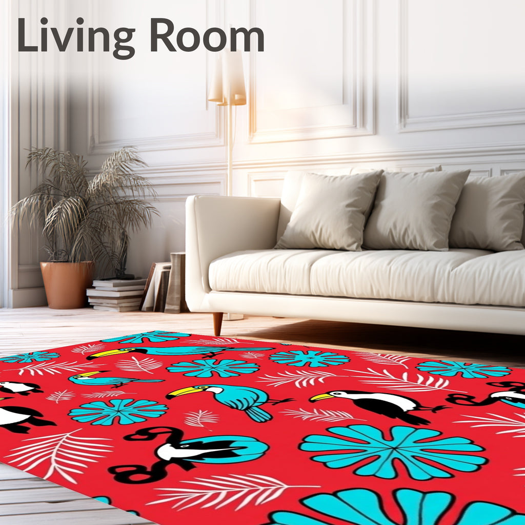 Tropical Toucan Blue Flower Red Whimsical Rug