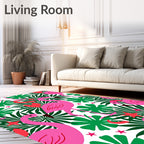 Pink Flamingos Green Tropical Leaves Red Accents Rug