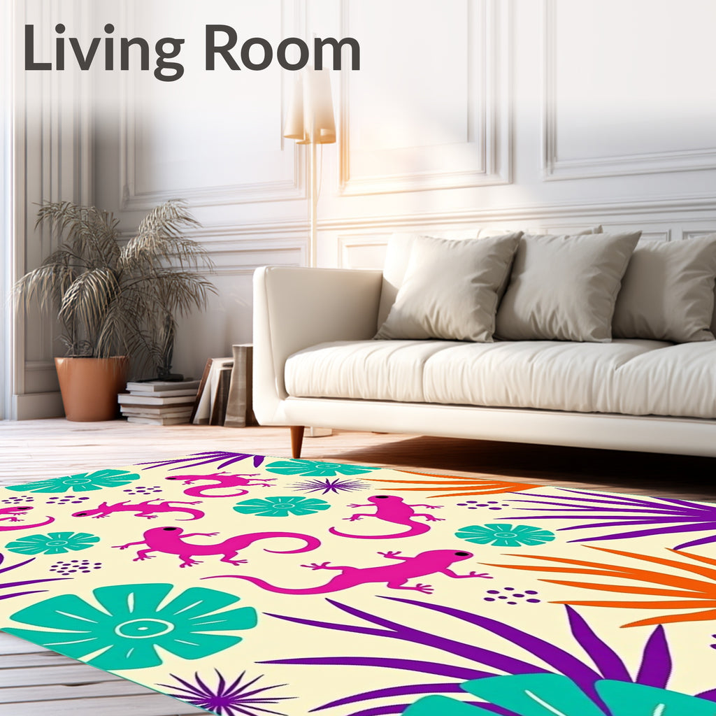 Vibrant Pink Lizards Tropical Floral Arrangement Rug