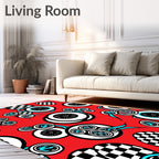 Retro Red Checkerboard Abstract Circles Rug