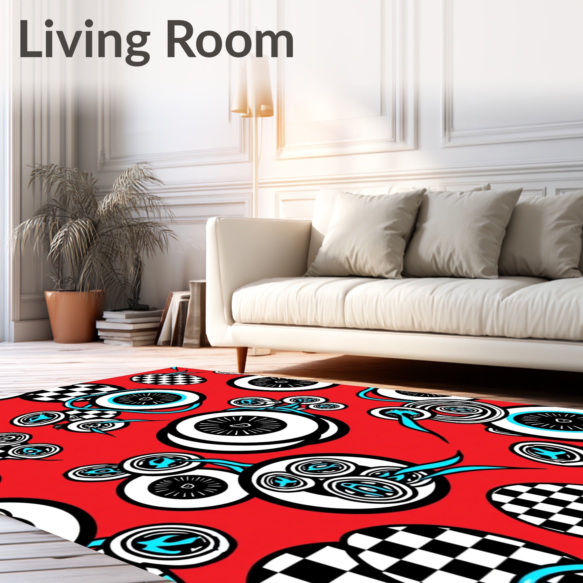 Retro Red Checkerboard Abstract Circles Rug