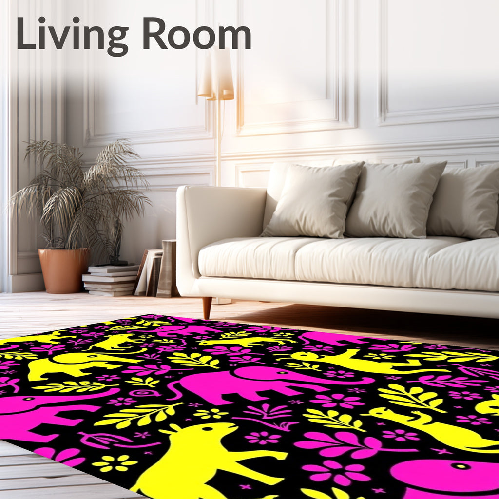 Pink Yellow Elephant Floral Zoo Rug