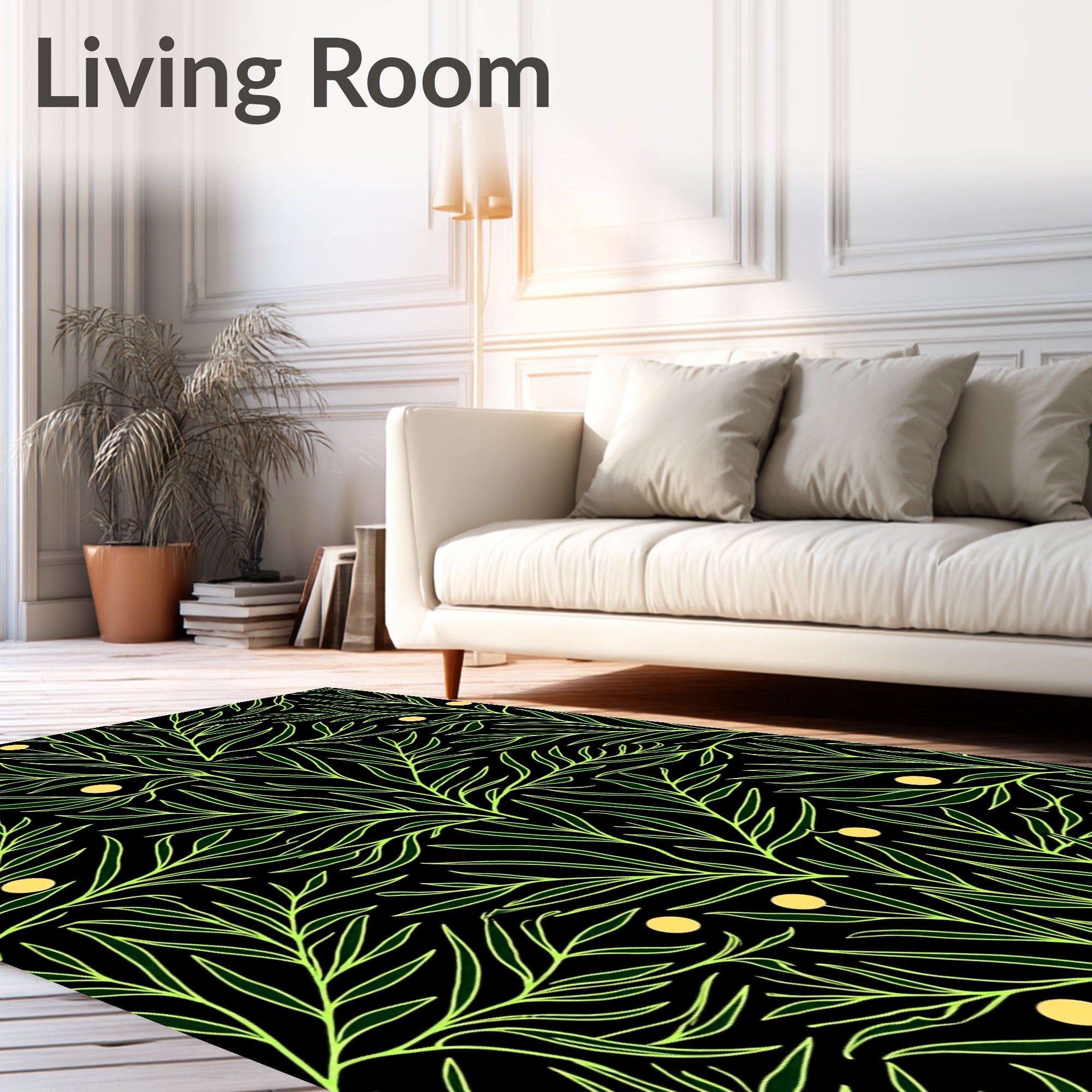 Chartreuse Leafy Branches with Gold Dots Rug