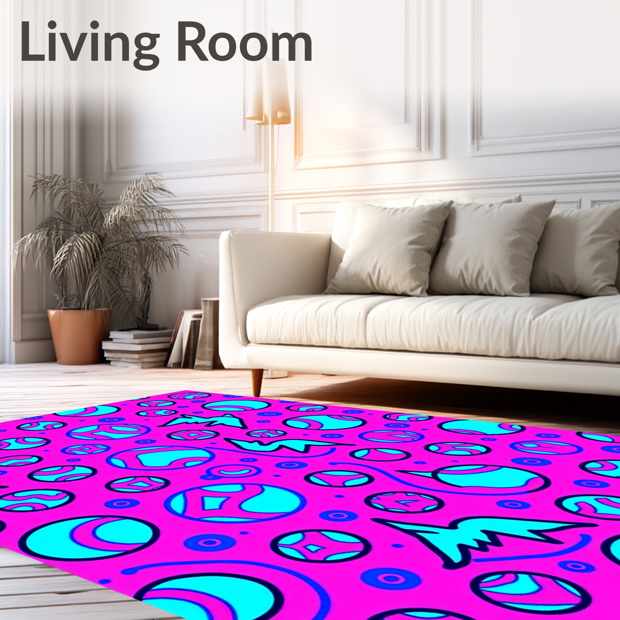 Vibrant Pink Blue Swooping Circles Rug
