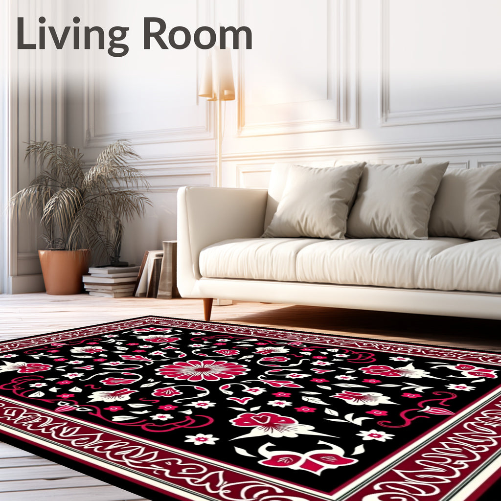 Crimson Floral Medallion Black Rug