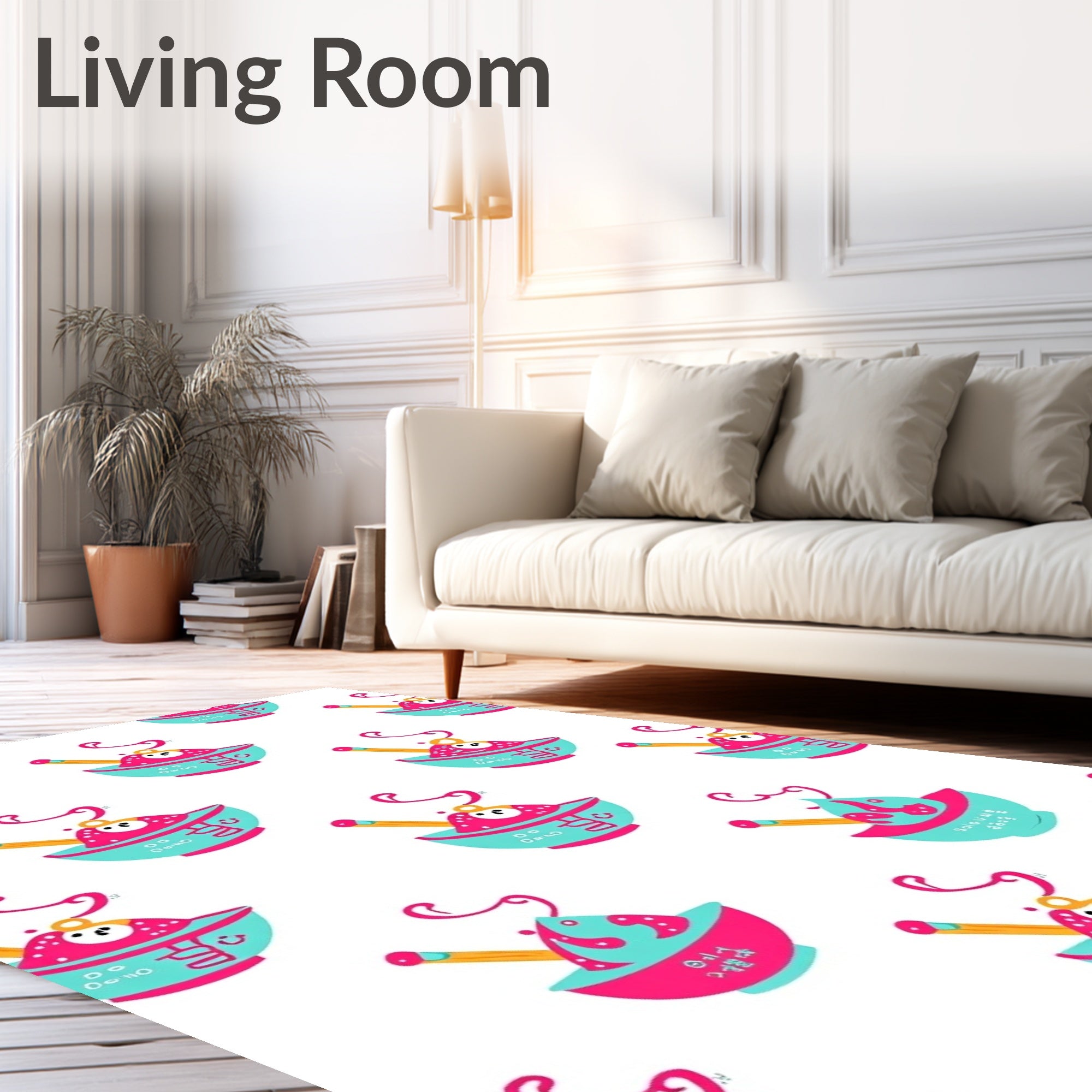 Cartoon Pink Teal Food Bowl Illustration Rug