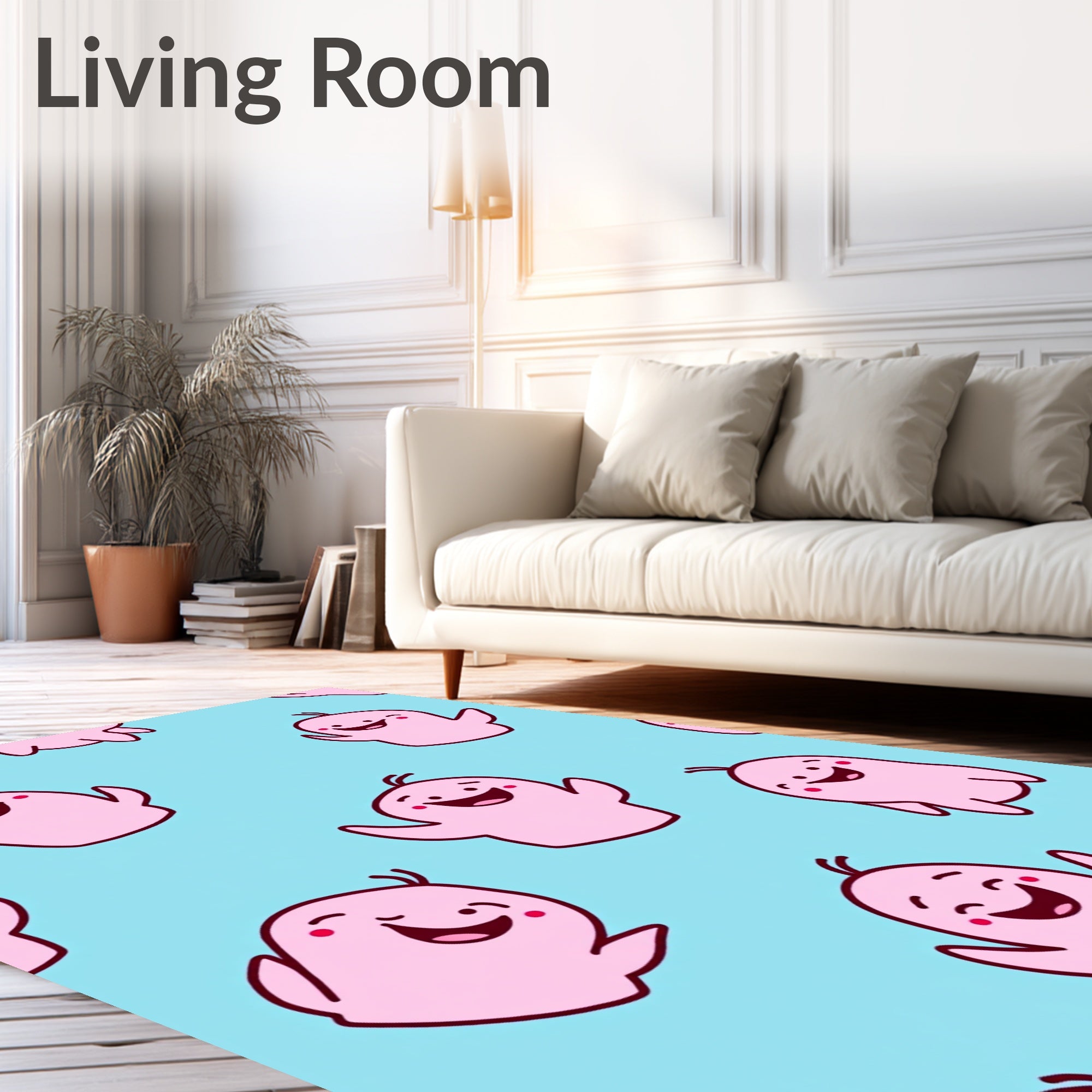 Cheerful Pink Ghost Figures Background Rug