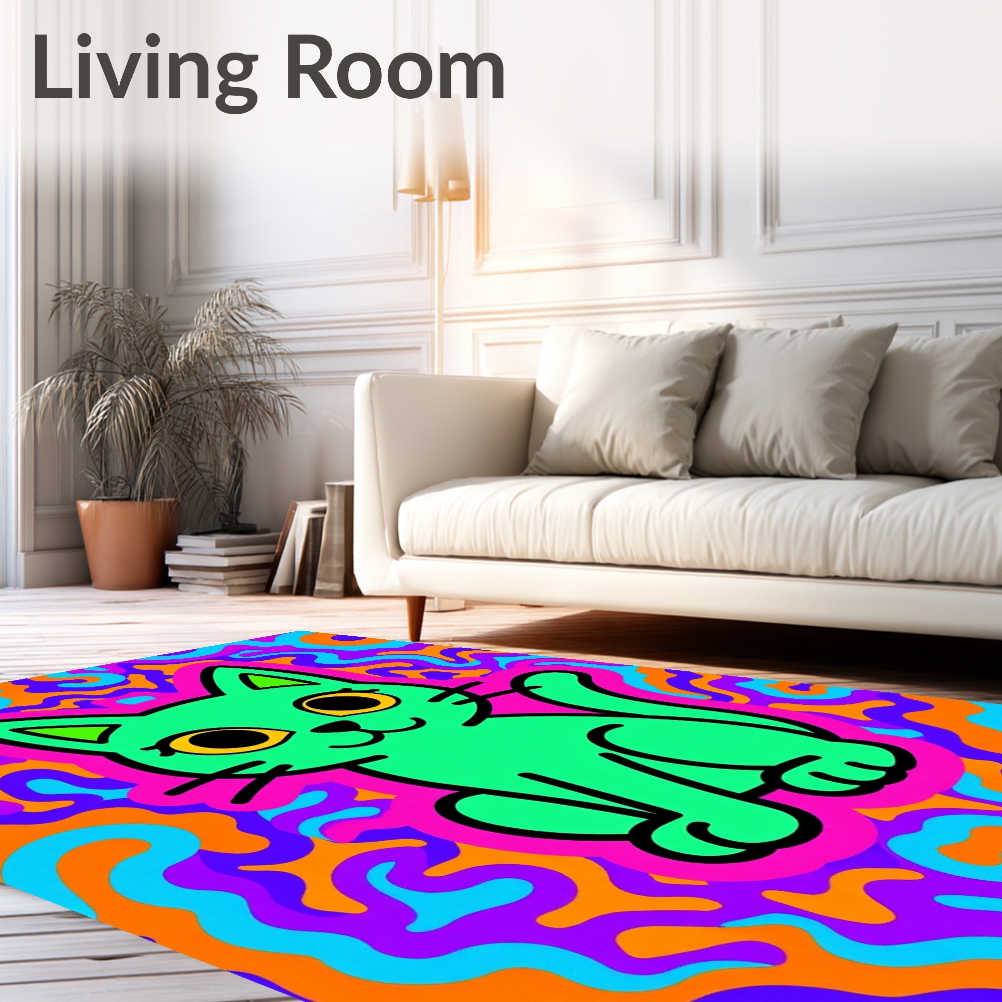 Trippy Green Cat Psychedelic Swirls Rug