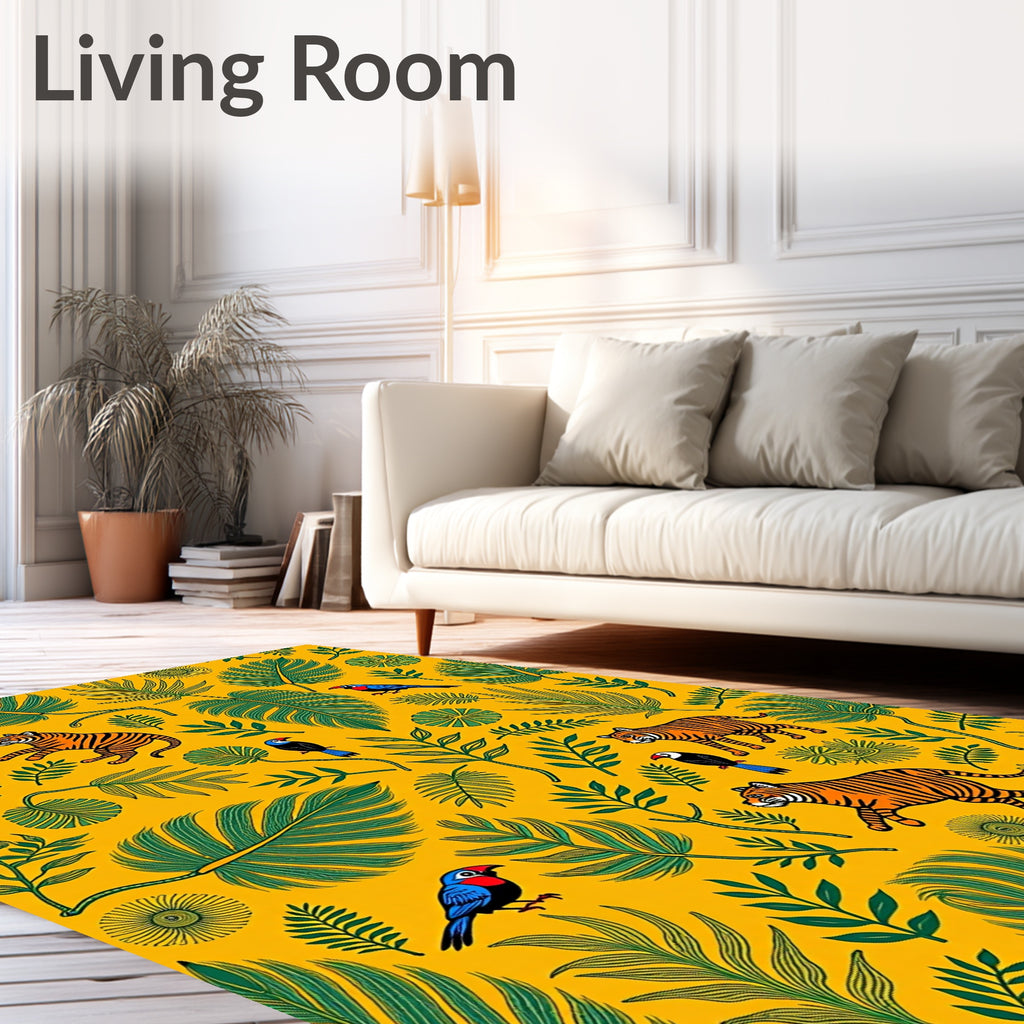 Whimsical Tiger Bird Tropical Foliage Rug