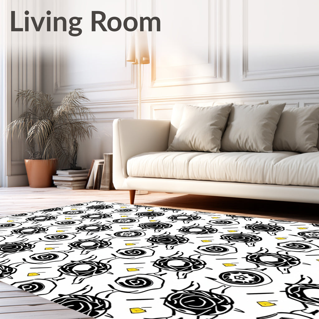 Whimsical Black Rose Swirl Yellow Square Rug