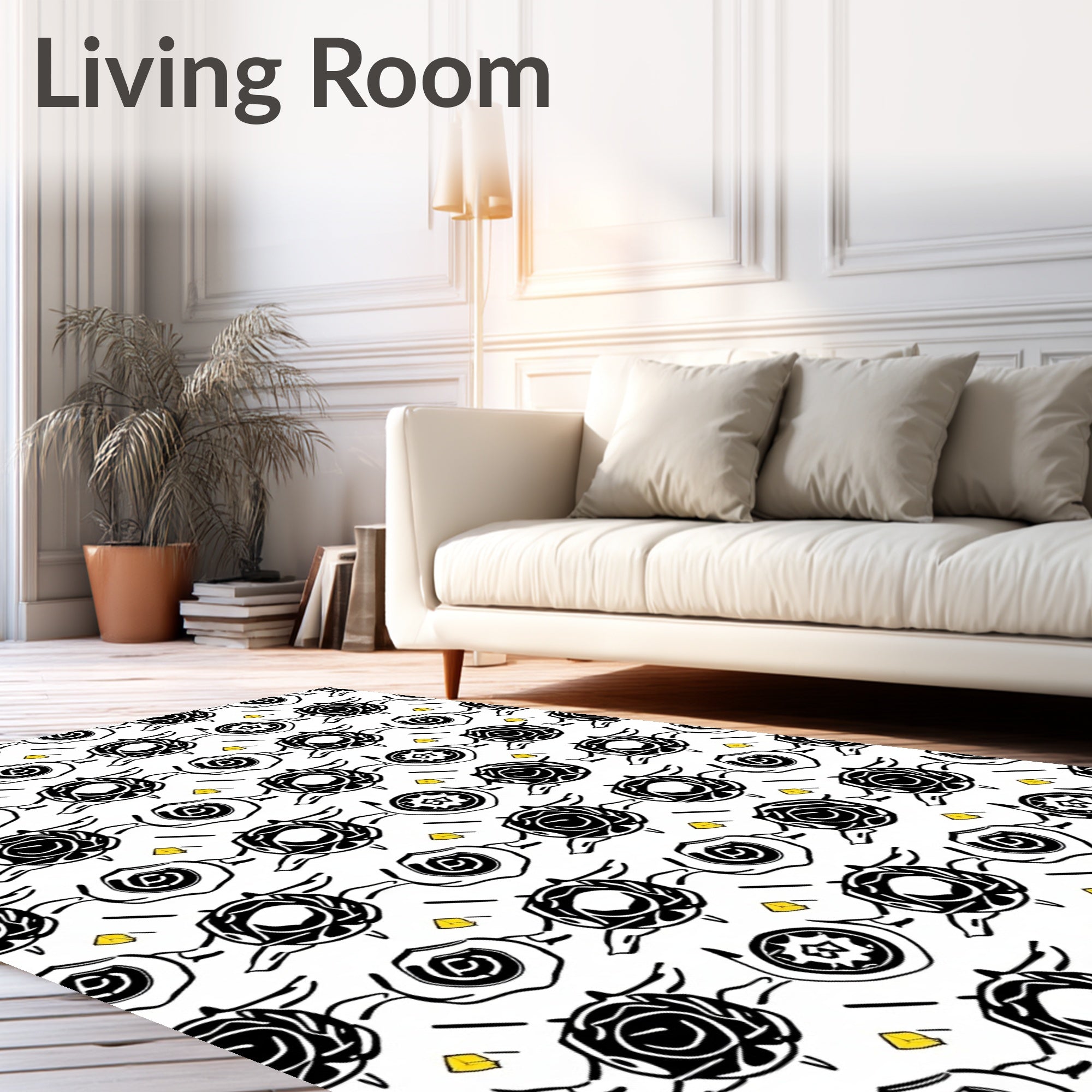 Whimsical Black Rose Swirl Yellow Square Rug