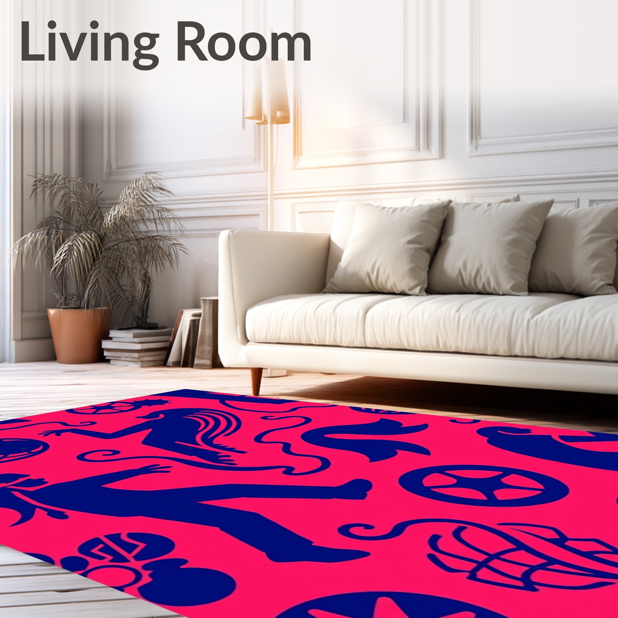 Bold Blue Figures Whimsical Pink Scene Rug