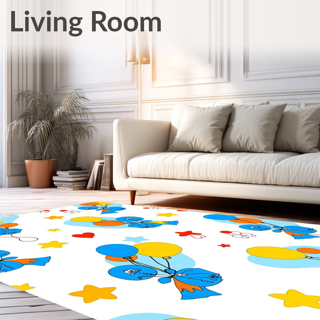 Whimsical Blue Character Balloon Stars Rug