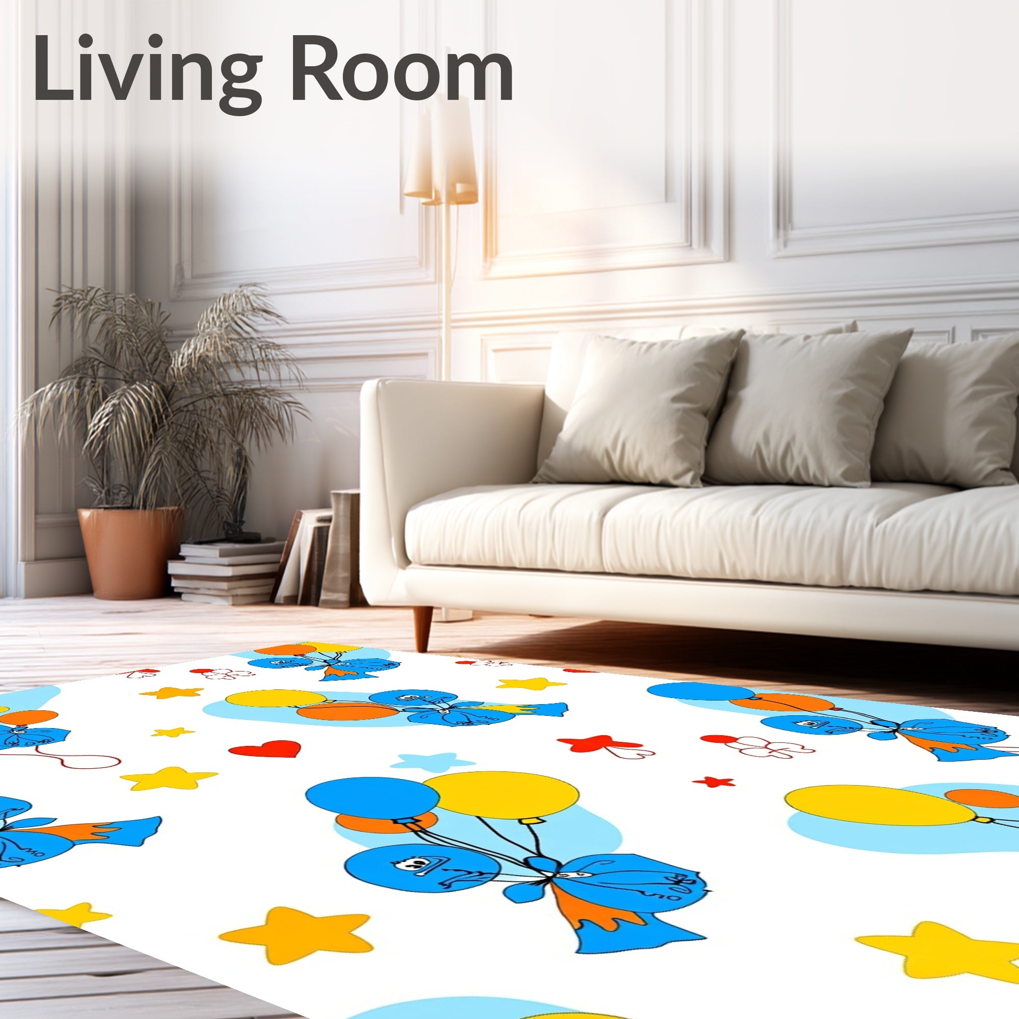 Whimsical Blue Character Balloon Stars Rug