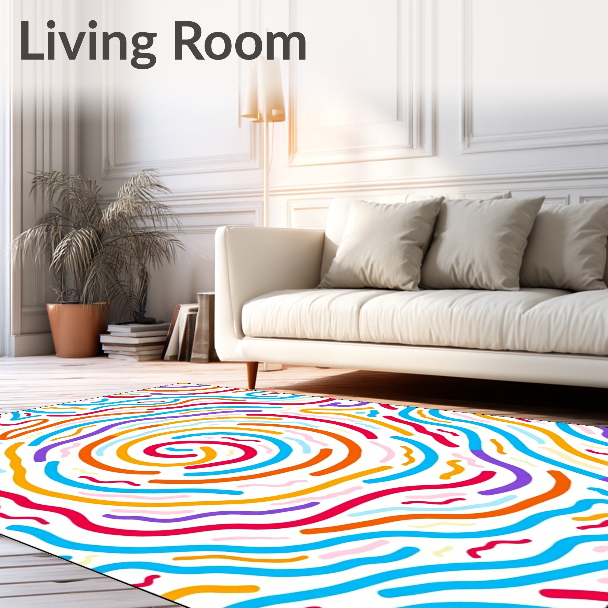 Whimsical Rainbow Swirl Abstract Lines Rug
