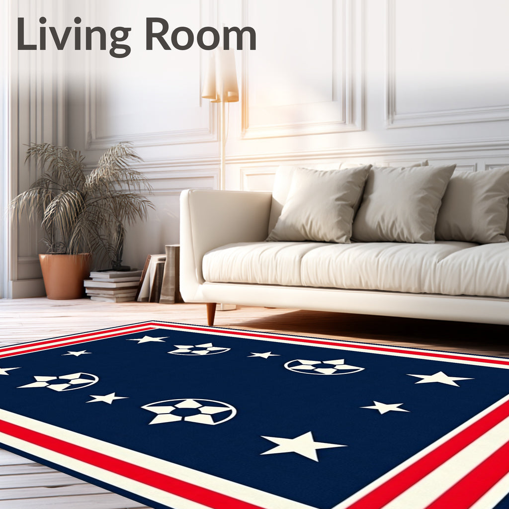 Navy White Red Star Soccer Border Rug