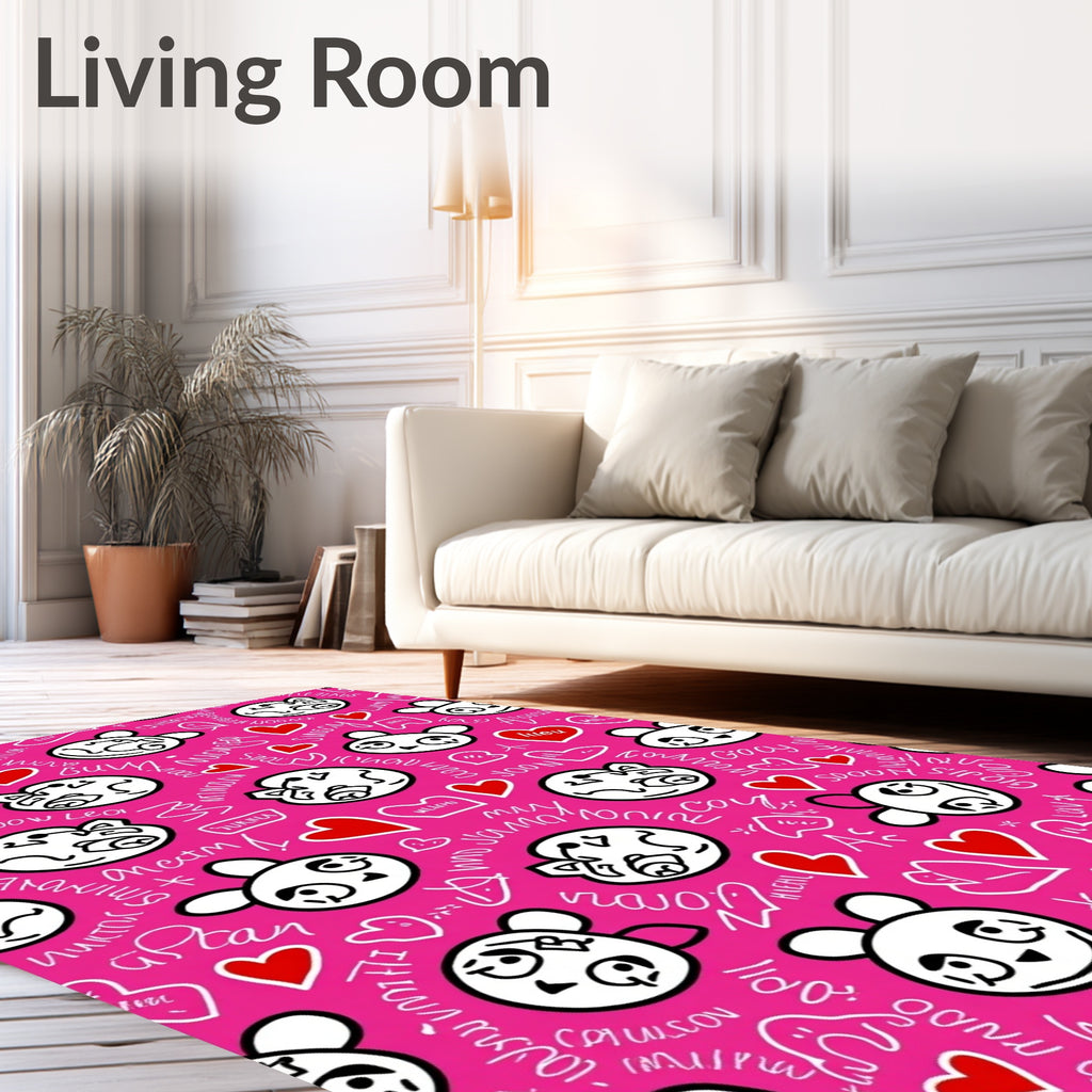 Whimsical Panda Hearts Pink Collage Rug