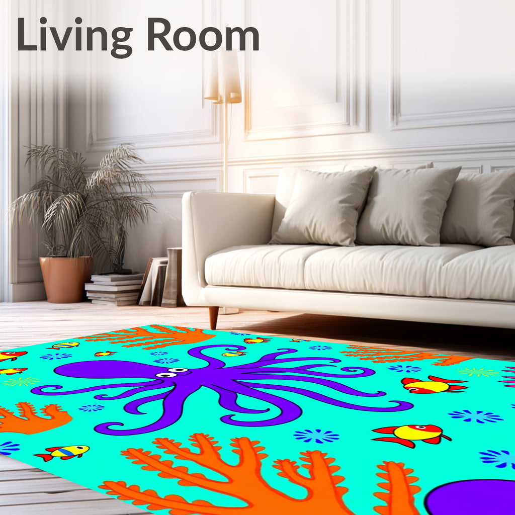 Vibrant Purple Octopus Coral Reef Scene Rug