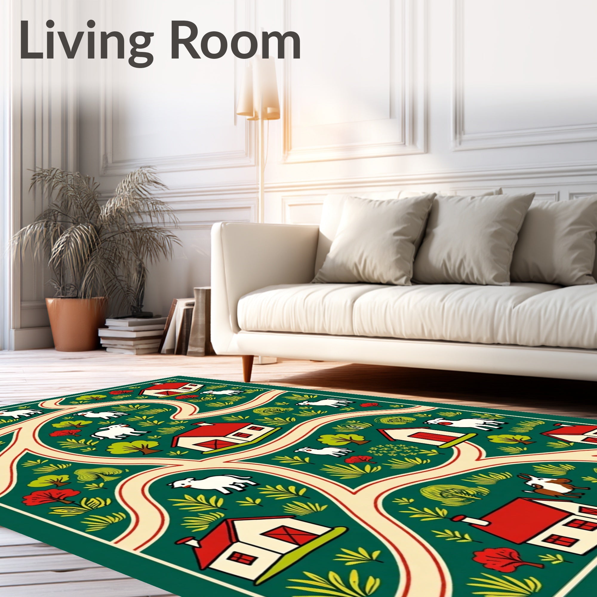Farmhouse Animals and Houses Green Rug