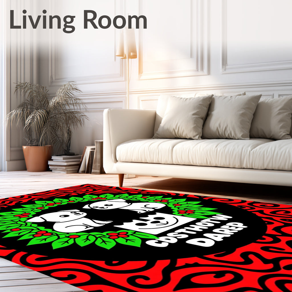 Cute White Dogs Holly Wreath Red Swirls Rug