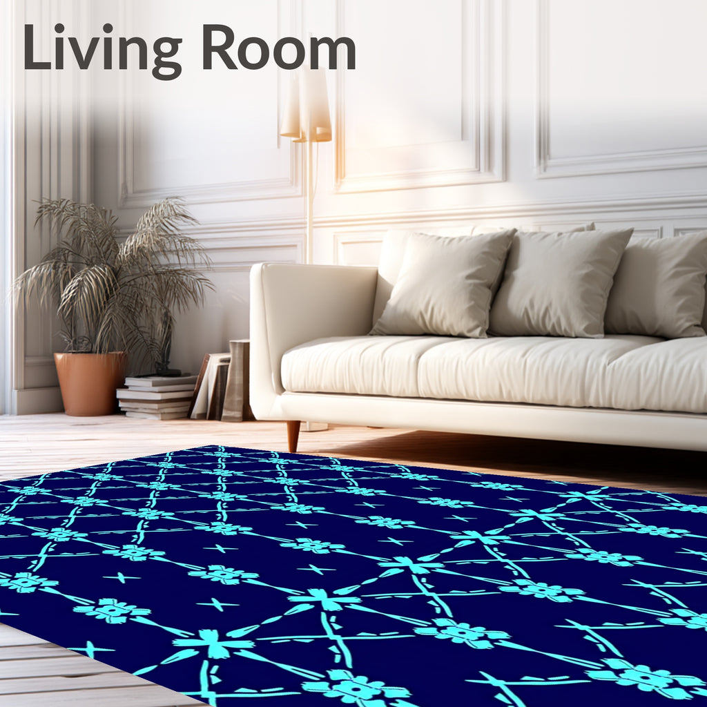 Cyan Lattice Floral Scroll Rug