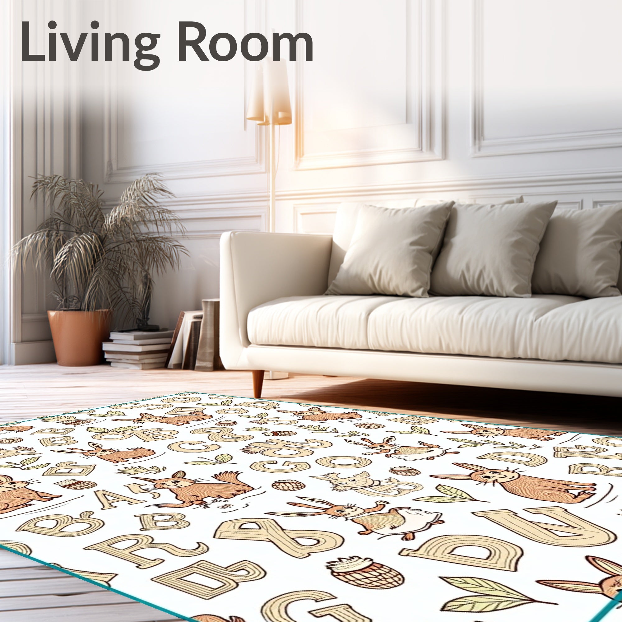 Whimsical Hare Alphabet Forest Print Rug
